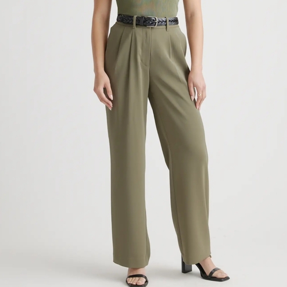 Quince | Stretch Crepe Pleated Wide Leg Pants Olive, Womens 12 - Picture 2 of 10
